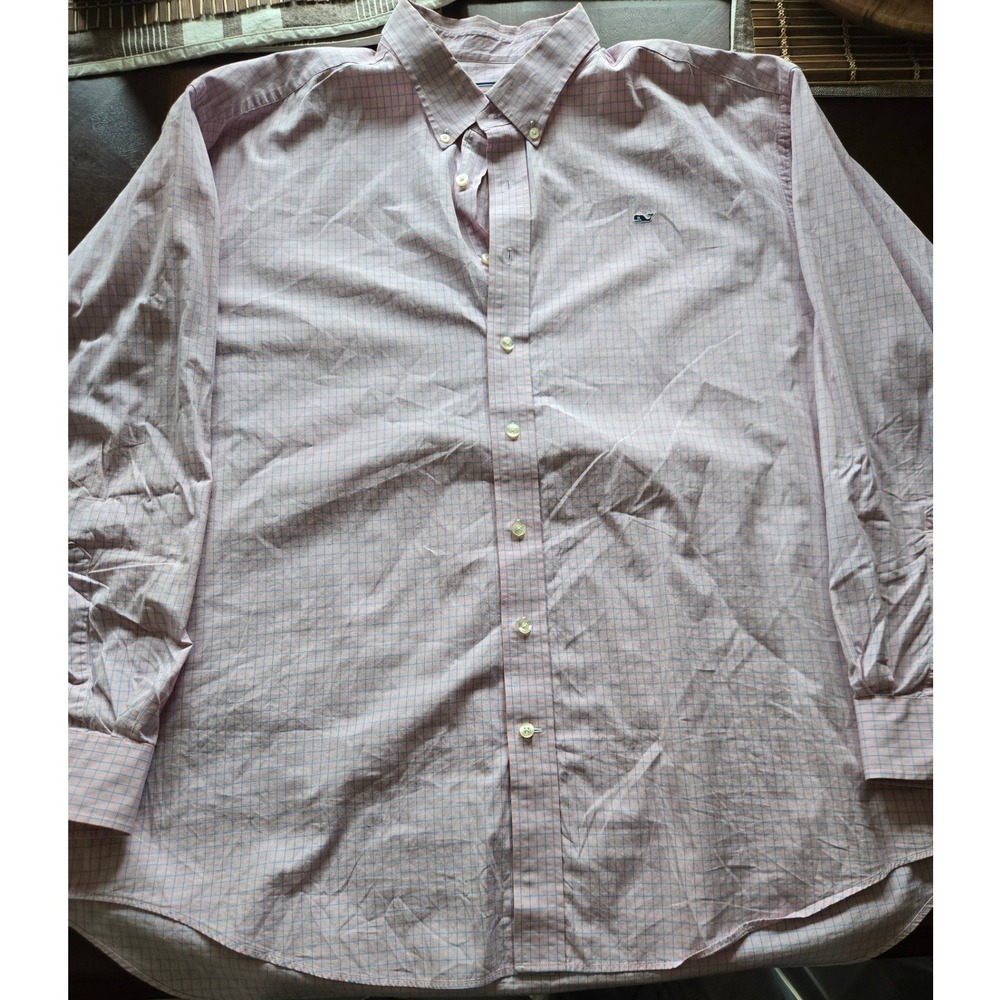 Vineyard Vines Mens XXL Whale Shirt Pink Blue Check Cotton Button Down Long Sl